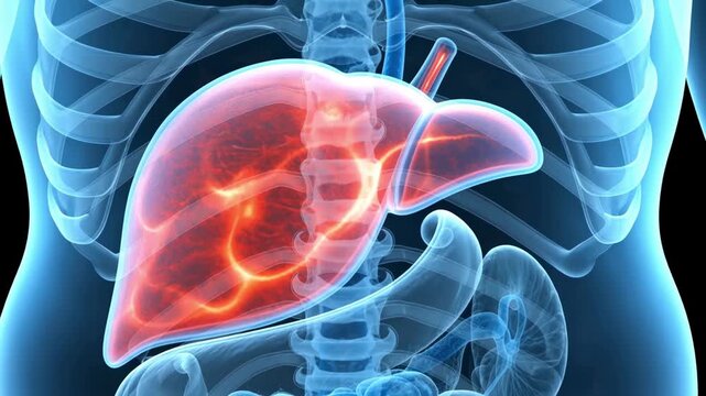 3D medical animation of inflamed liver with glowing red areas showing hepatitis or liver disease progression in transparent human torso