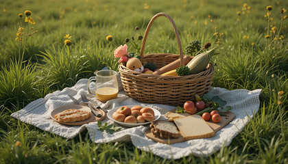 minimalist picnic setup on a green grassy feild basket with food fruits vegetable and natural light
