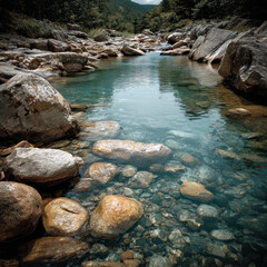 Clear water flows gently over smooth stones in a tranquil river surrounded by lush greenery and rugged terrain