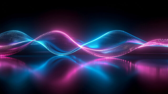 Futuristic digital energy waves of flowing light particles creating an abstract technological background with vibrant neon colors and reflection