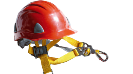 Safety helmet and harness with shadow isolated on a Transparent background, PNG file.
