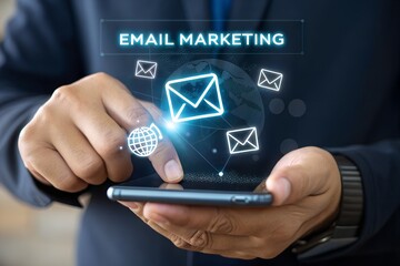 Digital marketer using email marketing tools on laptop and smartphone, sending newsletters and analyzing campaign performance to engage subscribers and grow business through personalized content