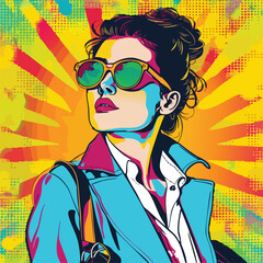 Stylish woman in sunglasses illustrated in vibrant pop art style, with sunburst background and retro halftone effects. Bold and modern vector art.