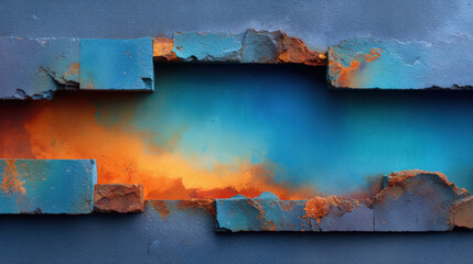 Abstract industrial texture with cracked metal, rust corrosion, and vibrant blue-orange gradient background. Perfect for grunge design, urban art, creative backdrops, and modern branding visuals.