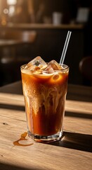 Iced Coffee Delight - A Refreshing Summer Beverage on a Wooden Bar.