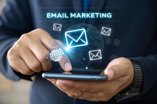 Digital marketer using email marketing tools on laptop and smartphone, sending newsletters and analyzing campaign performance to engage subscribers and grow business through personalized content - Powered by Adobe