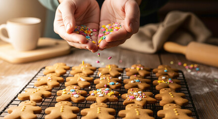 Hands Decorating Gingerbread Cookies with Colorful Sprinkles