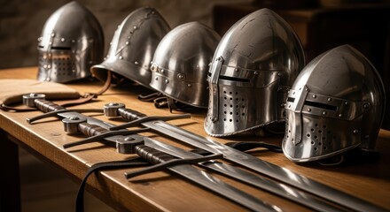 Medieval armor and weapons displayed on wooden table
