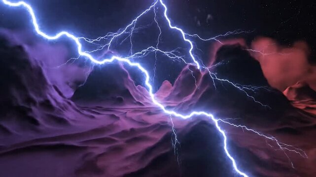 A powerful, bright blue lightning bolt strikes across a surreal and stormy landscape of purple and red clouds.
