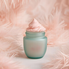 Soft pink cream in a glass jar surrounded by delicate feathers