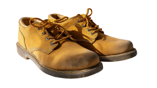 Safety shoes placed side by side casting soft shadow isolated on a Transparent background, PNG file.