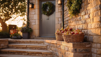 Autumn country scene with autumn decor, leaf, branch, gate, wreath styled setting for home, outdoor, cottage, lifestyle, estate, porch or countryside real estate backdrop
