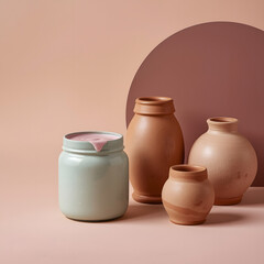 Softly lit collection of ceramic vases and jars in earth tones