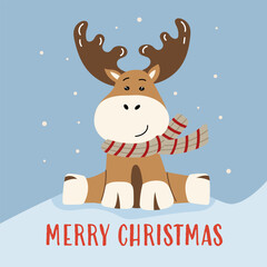 Christmas illustration with a little deer in a scarf sitting funny in the snow.