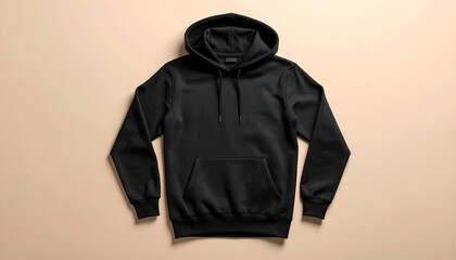 A plain black hooded sweatshirt, flat lay, neutral background.
