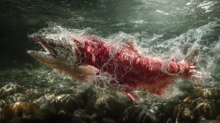 Salmon entangled in ghost net underwater, ocean pollution concept.