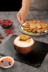 Braised Pork Belly Rice Bowl with Chili Peppers - Traditional Asian Comfort Food