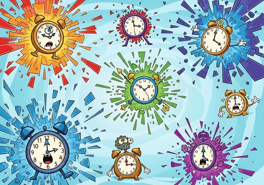 Cartoon clocks bursting with colorful energy expressing deadline stress and time pressure in whimsical illustration