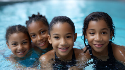 Diverse children enjoying swimming lessons in pool