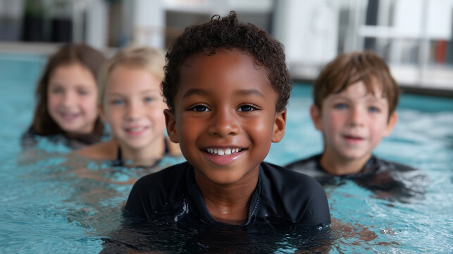 Diverse children enjoying swimming lessons in pool - Powered by Adobe