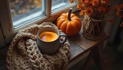 Cozy autumn decor with a warm drink, a pumpkin, and fresh flowers near a window bathed in soft afternoon light Generative AI