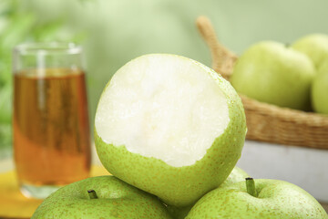 Fresh Green Apples with Peeled Apple and Natural Juice