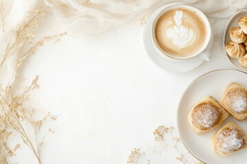 Xícara de café elegante com detalhes dourados, acompanhada de doces e decorações festivas em fundo branco, criada com IA generativa para um visual sofisticado e convidativo