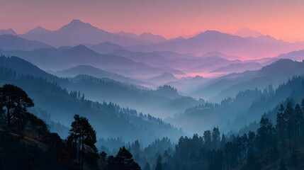 Breathtaking panoramic photograph of layered, forest-covered mountains at dawn. Thick morning mist settles in the valleys, creating a serene, majestic view.