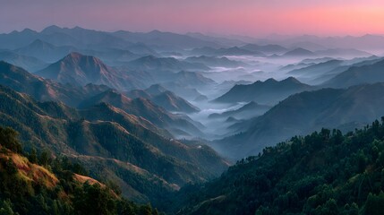Naklejka premium Breathtaking panoramic photograph of layered, forest-covered mountains at dawn. Thick morning mist settles in the valleys, creating a serene, majestic view.