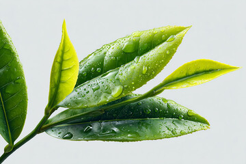 Fresh green tea leaves displayed on clean white background captured in a realistic close up