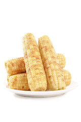 Fresh Sweet Corn Cobs on White Plate - Golden Yellow Kernels Showcase Healthy Farm Vegetables