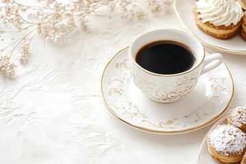 Xícara de café elegante com detalhes dourados, acompanhada de doces e decorações festivas em fundo branco, criada com IA generativa para um visual sofisticado e convidativo