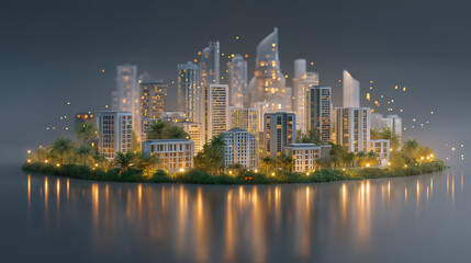 Fototapeta premium Cityscape Reflection: A mesmerizing cityscape at dusk, buildings of various architectural styles and sizes illuminate, casting a stunning reflection on the tranquil water.
