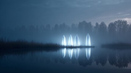 Glowing ghost figures by misty lake at night