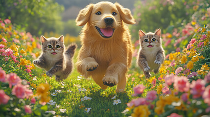 Vibrant spring flower garden with sunny meadow, cute cat and dog running joyfully, playful puppy and kitten friendship companionship, funny pet character design in creative 3D digital fantasy illustra