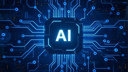 AI Chip with Circuit Board Design in Blue Illumination
