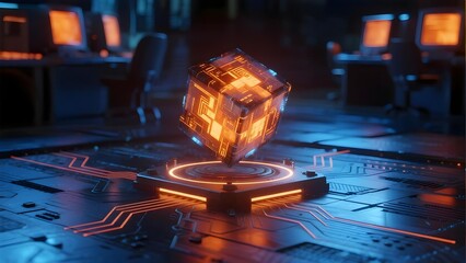 A glowing, intricate cube hovers over a circuit board in a futuristic setting with ambient lighting.