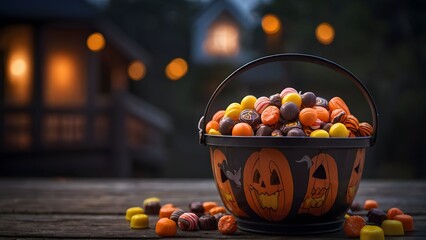 Naklejka premium Colorful Halloween candy bucket placed on a wooden table with a softly lit house in the background during an autumn evening celebration Generative AI