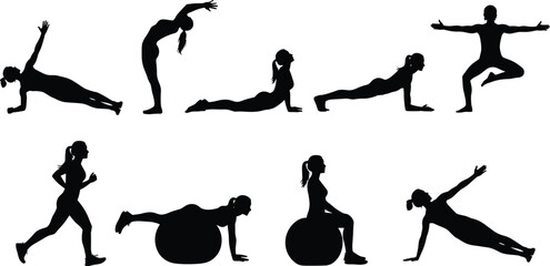 Silhouette Vector of Women Doing Yoga, Fitness, Running, and Exercise Poses Including Balance Ball and Strength Training Positions