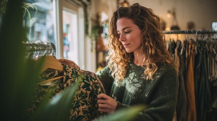Young woman choosing clothes in a cozy vintage store, highlighting sustainable fashion, eco awareness, slow lifestyle, and mindful second hand shopping culture.