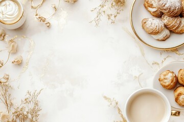 Xícara de café elegante com detalhes dourados, acompanhada de doces e decorações festivas em fundo branco, criada com IA generativa para um visual sofisticado e convidativo