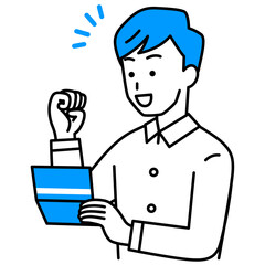 預金通帳を見て喜ぶ若い男性