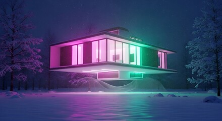 Futuristic winter architecture: Contemporary illuminated home amid snowy woodland setting at twilight time creating a
