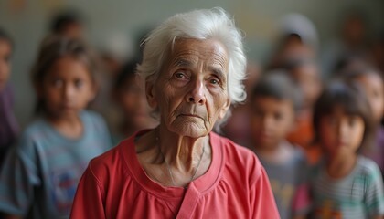 Elderly woman surrounded by children in a community center during a gathering for cultural education in a rural area Generative AI