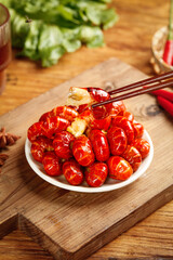 Fresh Cooked Crayfish Lobster Tails with Yellow Meat on Wooden Board Ready to Eat