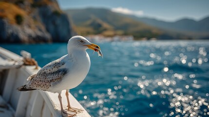 Fototapeta premium Crisp, clear photograph of a seagull standing proudly on the bow of a boat. It holds a small, silvery fish with the sparkling blue sea in the background.