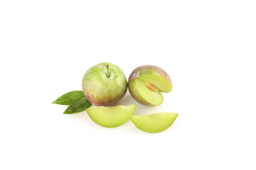 Fresh Green Plums with Leaves and Slices Isolated on White Background - Sweet Crisp Organic Fruit