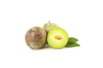 Fresh Ripe Plums Cut in Half Showing Green Flesh Isolated on White Background