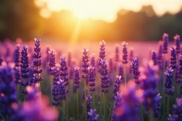 Golden hour sunlight bathes a field of lavender, creating a dreamy, hazy, and romantic atmosphere Perfect for relaxation, spa, and beauty themes , summer, pattern, soft