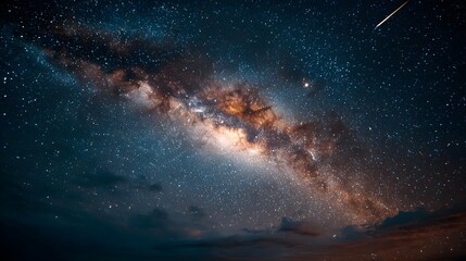 Fototapeta premium Crystal-clear, long-exposure astrophotography of the Milky Way from a high-altitude desert. Countless stars and a subtle shooting star are visible.